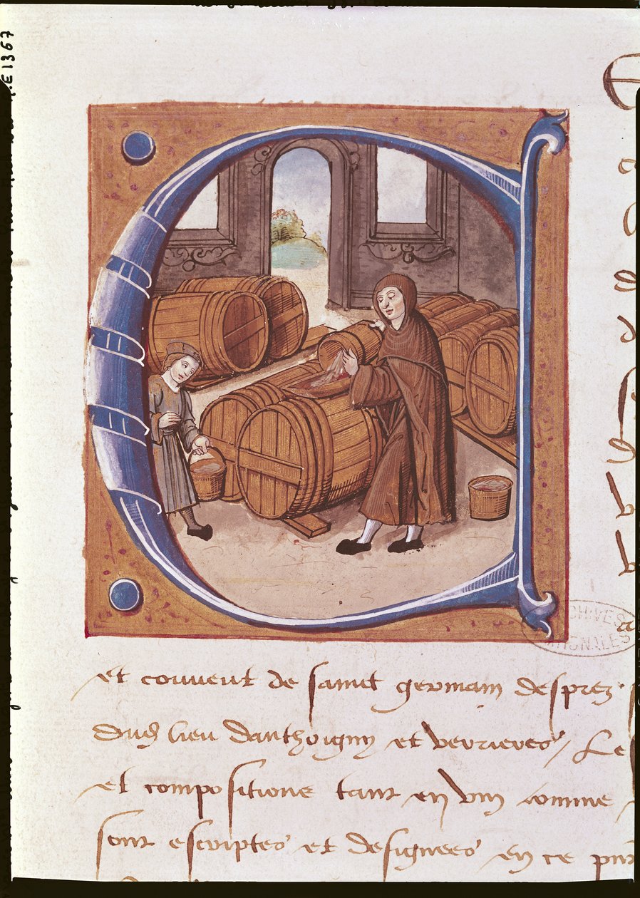 Detalj av en historisk initial med en illustrasjon av en vinbonde i arbeid, fra 
