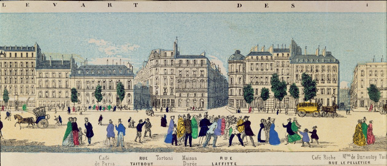Detalj av et panorama av Boulevard des Italiens, ca. 1840 av French School