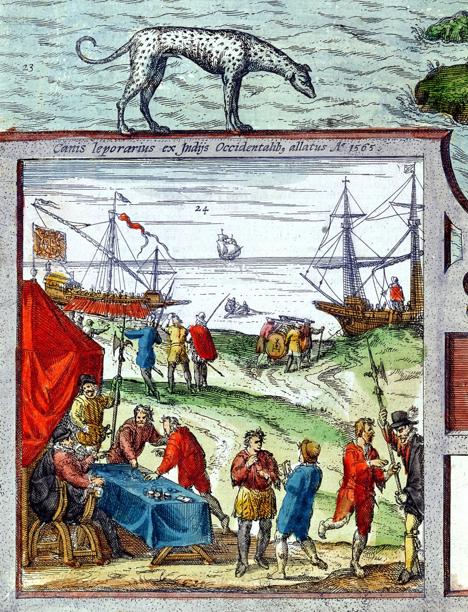 Detalj av en utsikt over havnen i Cadiz som viser handel med Vestindia av French School