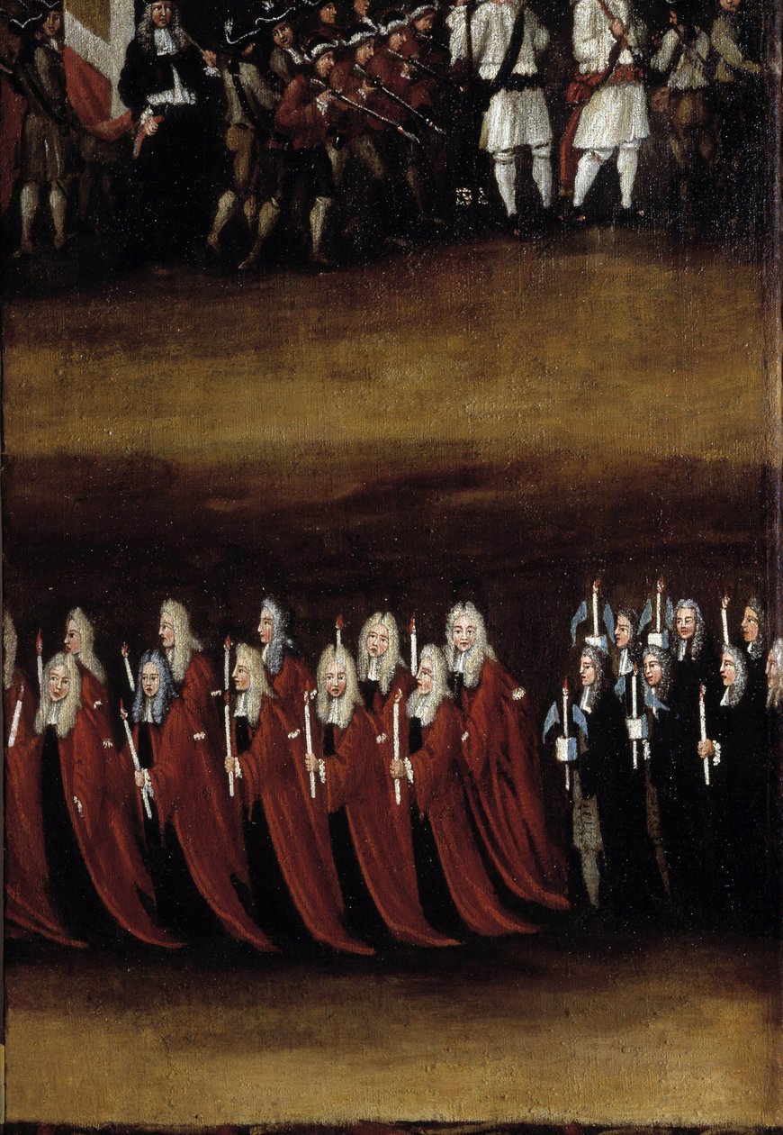 Detalj av en skjerm fra 1700-tallet brukt til Fete God (eller Fete of the Blessed Sacrament), som representerer prosesjonen (maleri på tre) av French School