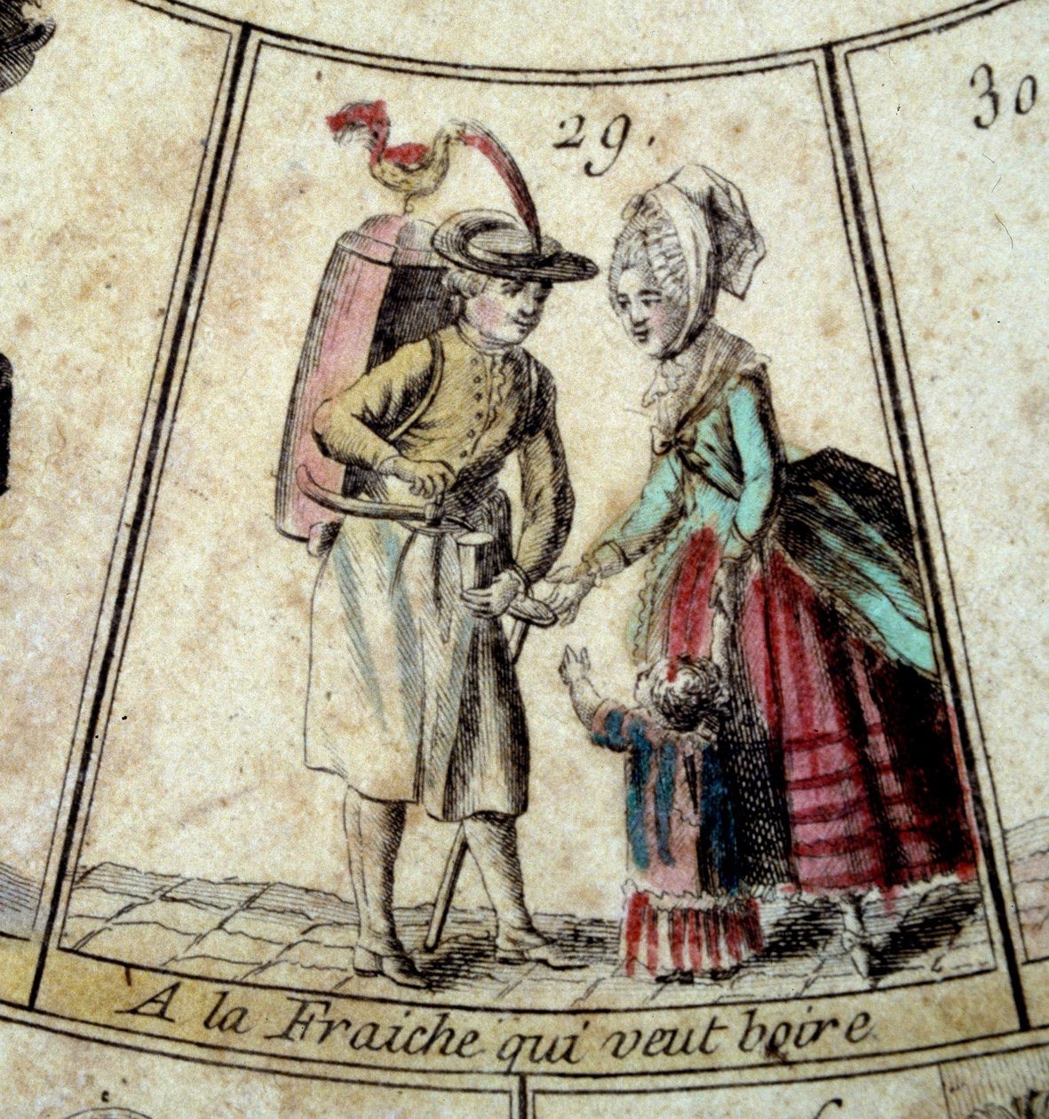 Detalj av spillet til Goose of the Cree of Paris: meieriet og vannbæreren. Gravering fra 1700-tallet. Coll. Forlater. av French School