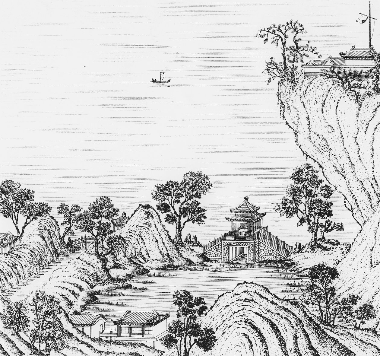 Detalj av hagene til den kinesiske keiseren, fra 'Jardins Anglo-Chinois a la Mode', av George Louis le Rouge, utgitt 1776-89 (gravering) av French School
