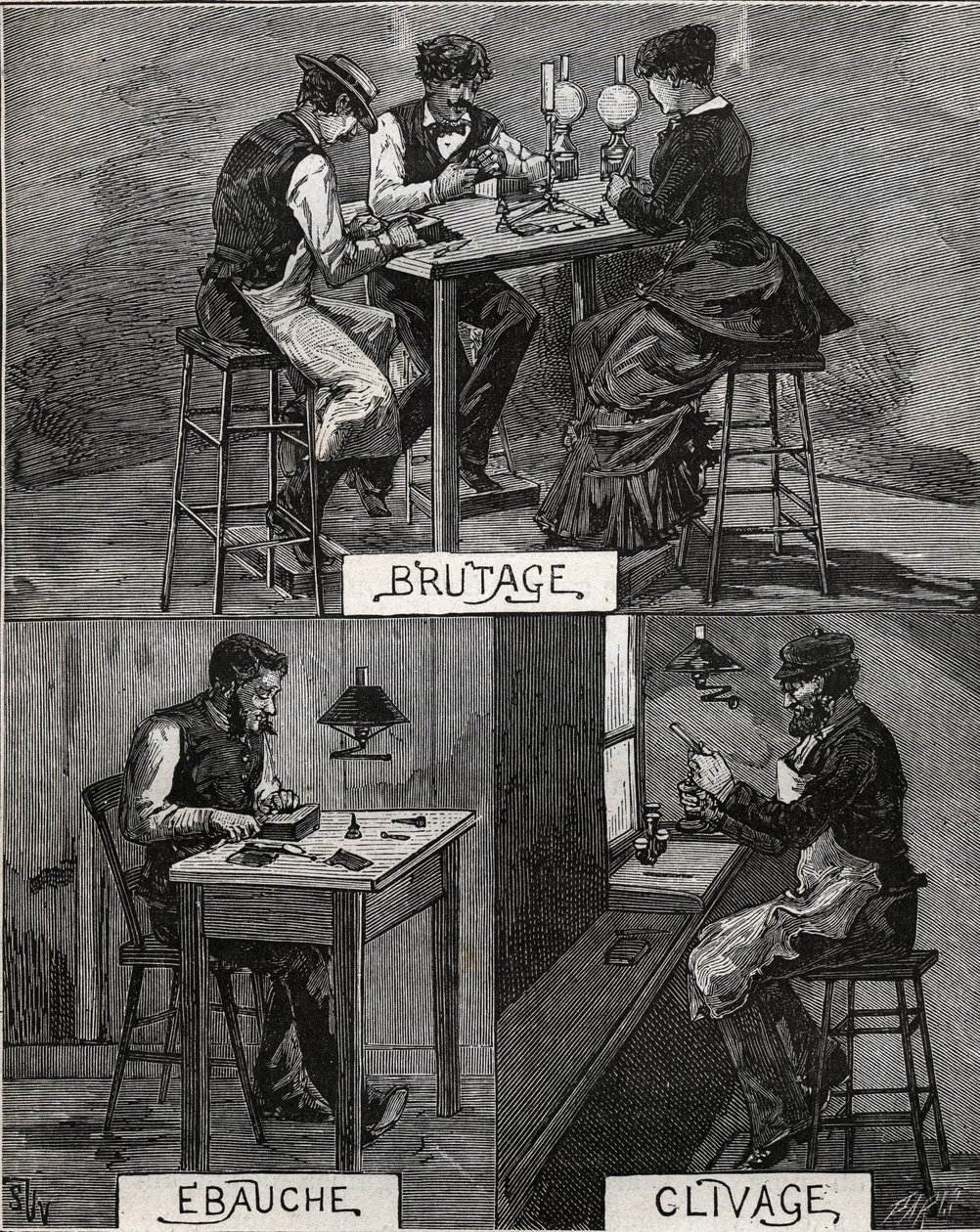 Diamantskjæring, lyd, grov og spalting. Gravering fra 1885 i "" Les arts et metiers illustres"" av Adolphe BITARD. av French School