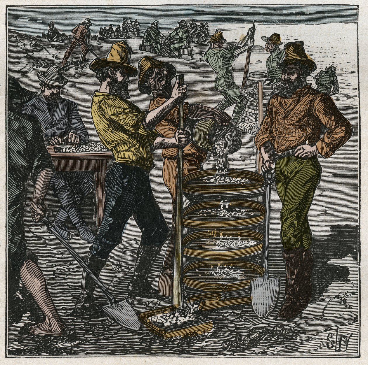 Diamantvasking i Sør-Afrika på 1800-tallet. Gravering fra 1885 i "" Les arts et metiers illustres"" av Adolphe BITARD. av French School