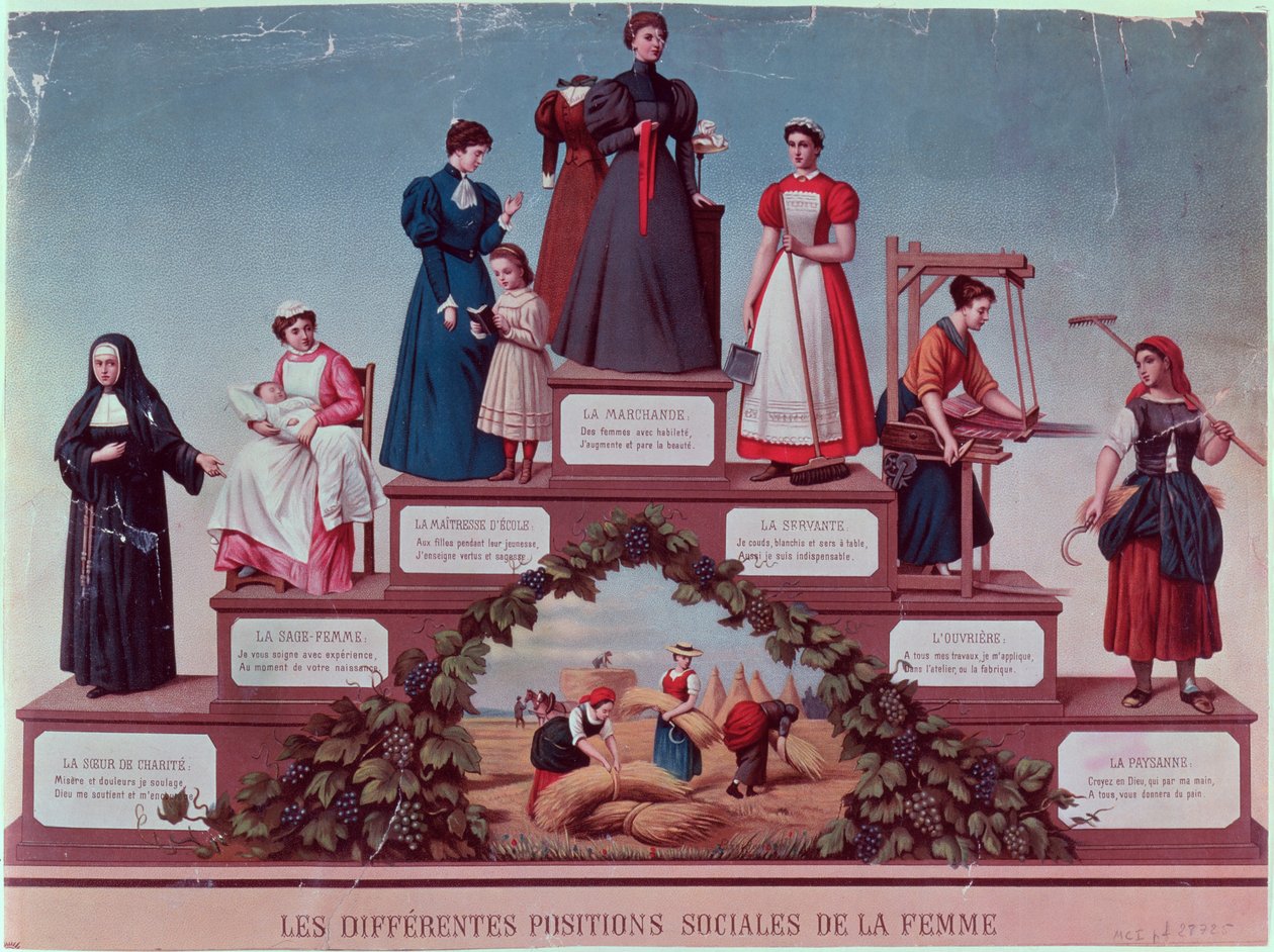 Ulike sosiale posisjoner av kvinner, sent på 1800-tallet (fargegravering) av French School