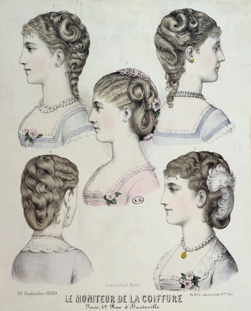 Ulike frisyrer, tallerken fra Le Moniteur de la Coiffure, 1880 av French School