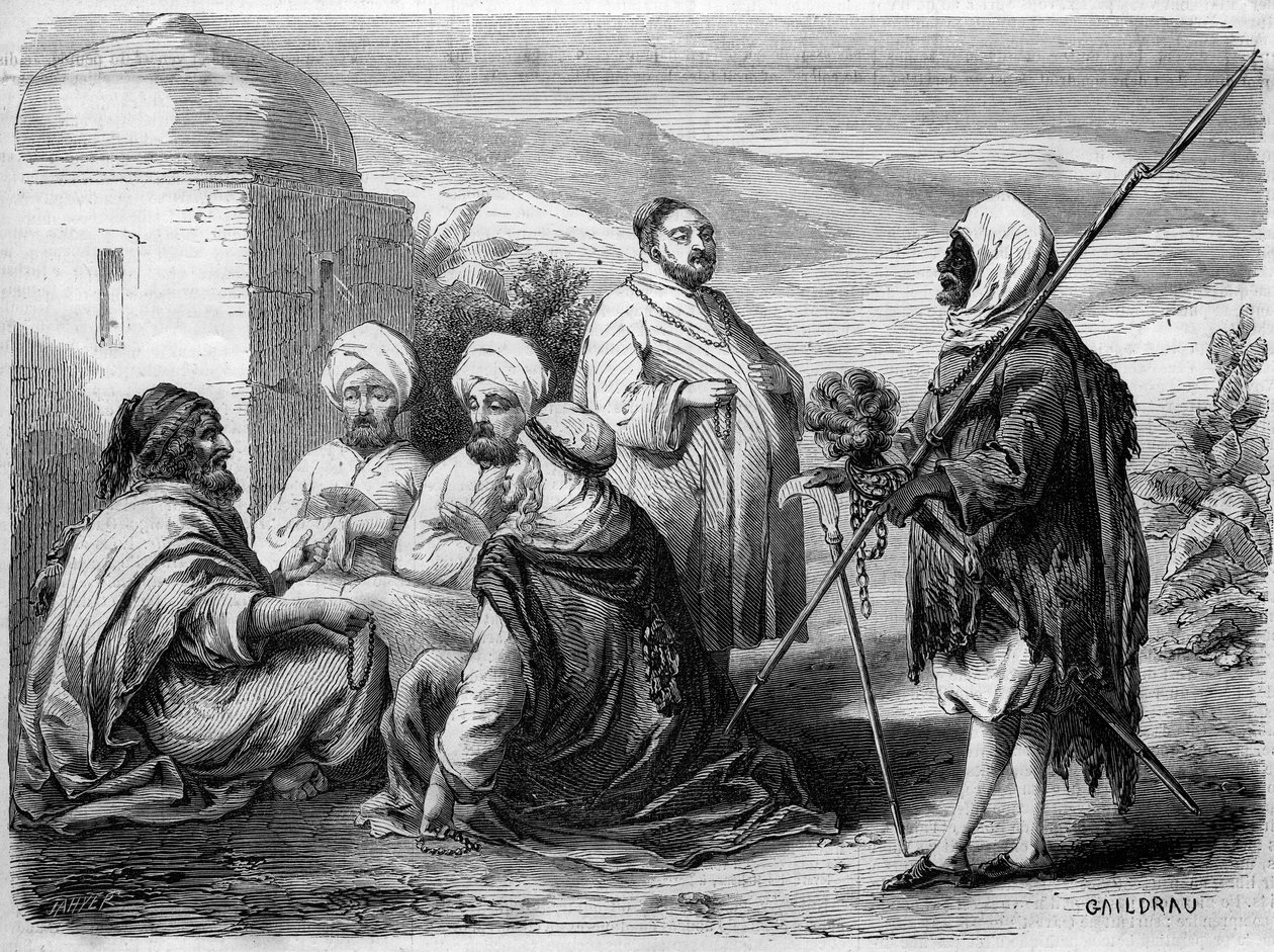 Ulike typer dervisjer (tiggere) i gatene i Tunis, Tunisia av French School