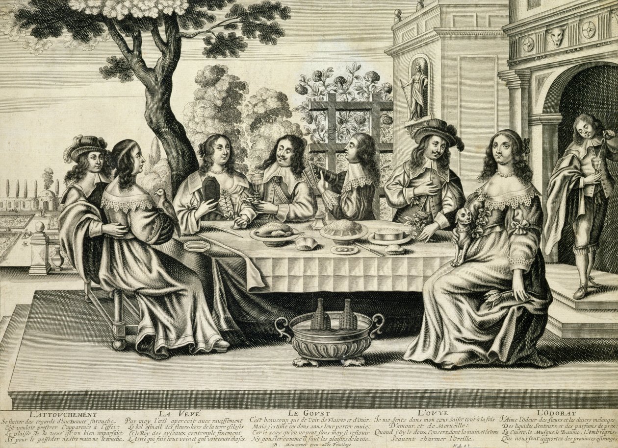 Spisesteder på en terrasse med en formell hage under, gravert av Balthazar Moncornet (ca. 1600-68) av French School
