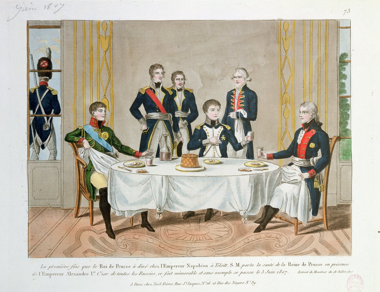 Middag i Tilsit mellom Fredrik Vilhelm III av Preussen, tsar Alexander I av Russland og Napoleon, som hever en skål for Dronningen av Preussen, 3. juni 1807 av French School
