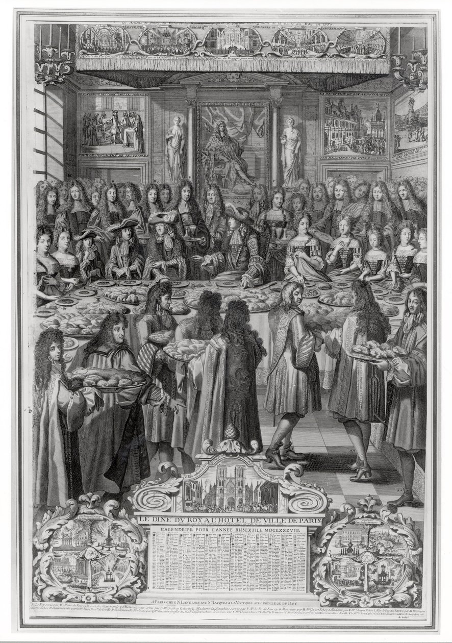 Middag til Ludvig XIV (1638-1715) på Hotel de ville, 30. januar 1687, fra årets kalender 1688 av French School
