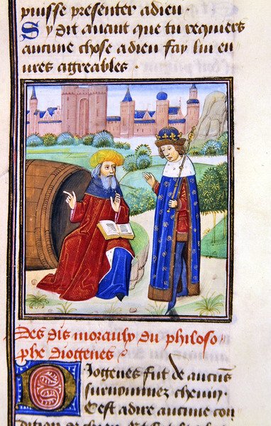 Diogenes, fra Histoire des Philosophes, sent på 1400-tallet (vellum) av French School
