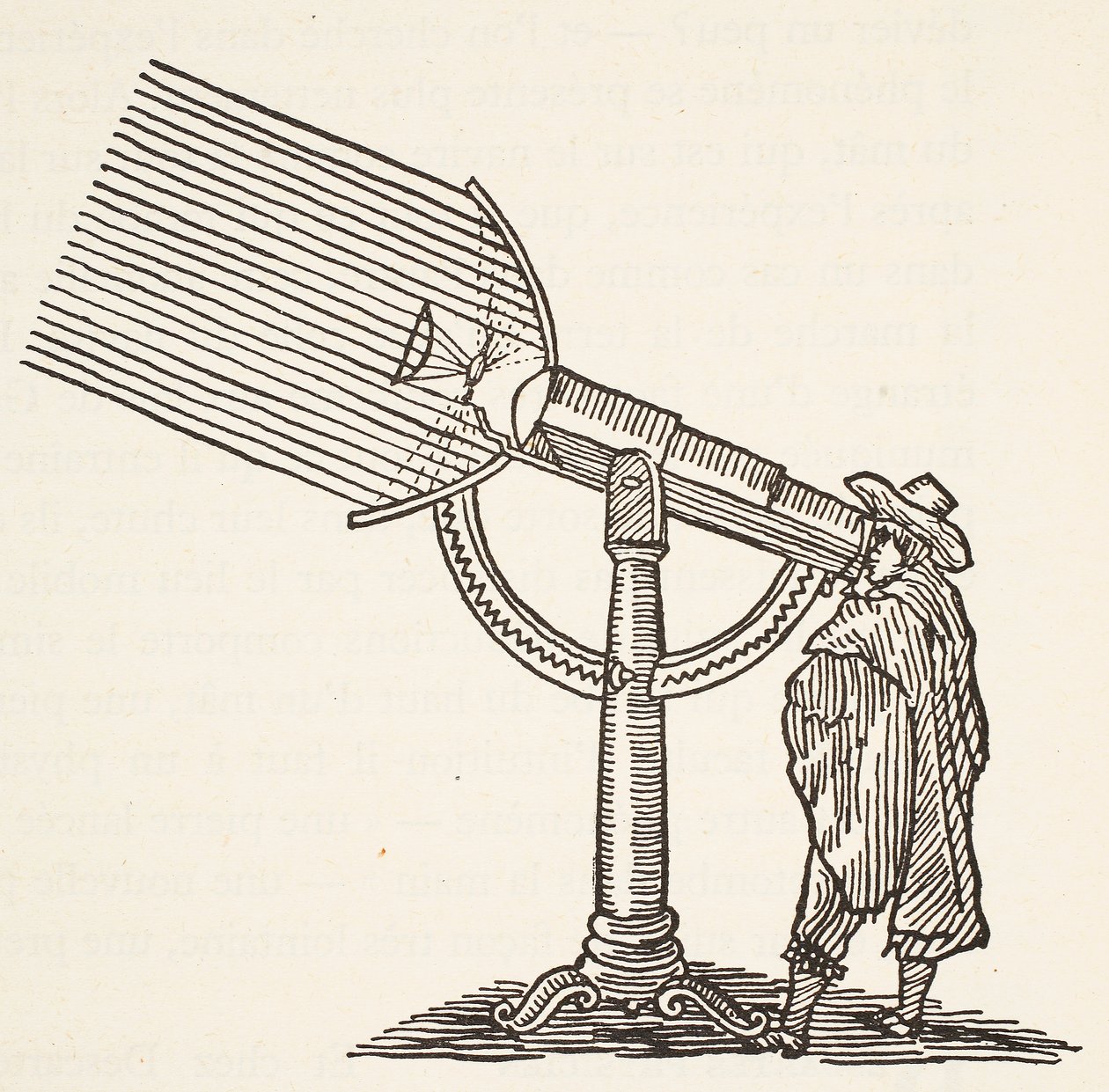 Dioptrisk teleskop, kopi av en gravering av Boris Mestchersky (d.1957), illustrasjon fra Histoire de la Nation Francaise, Sciences, Volumes I & II, av Gabriel Hanotaux (1853-1944), 1924 av French School