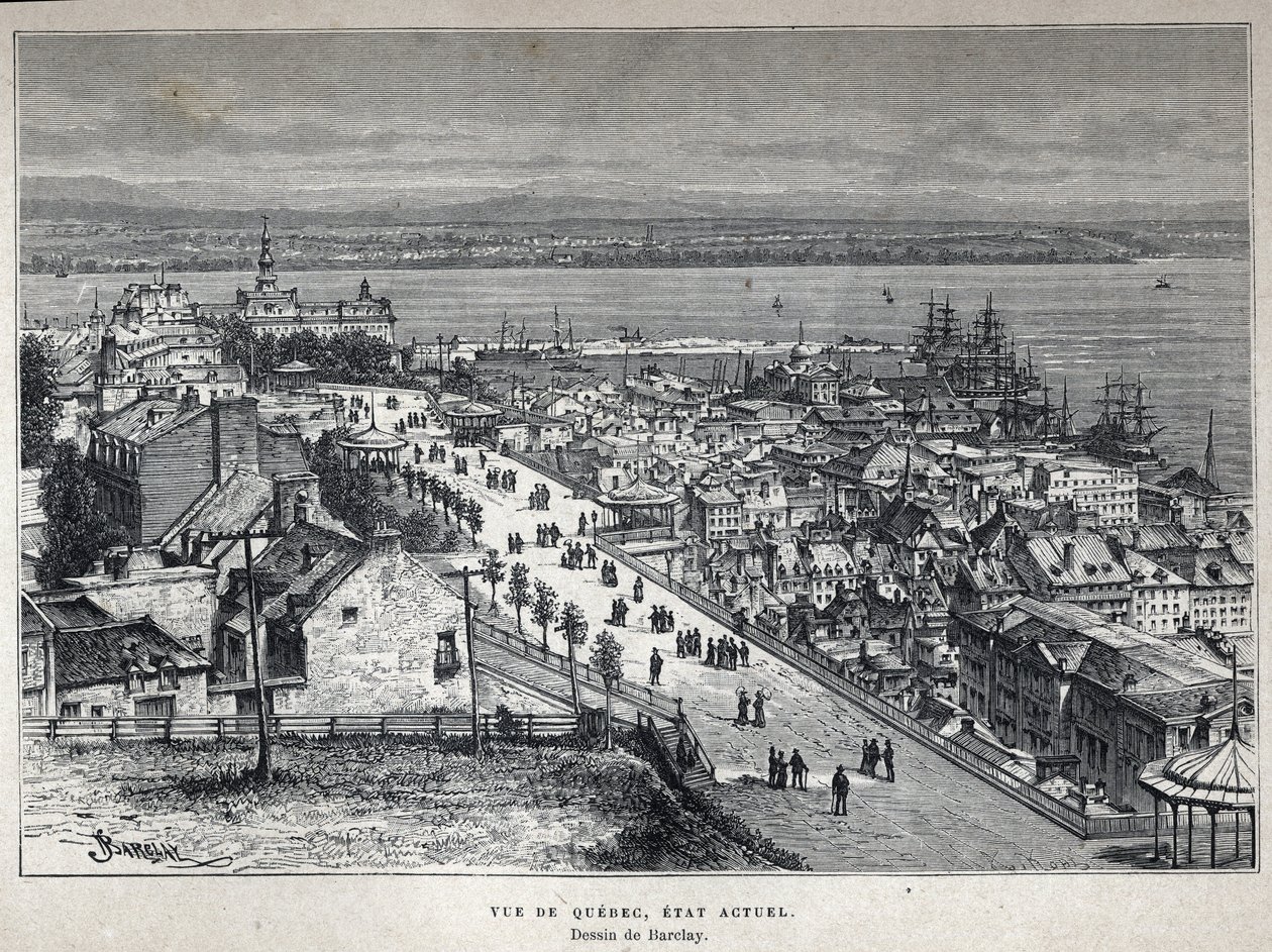 Oppdag Canada: utsikt over Quebec City på slutten av 1800-tallet. Barclay tegning. Gravering fra slutten av 1800-tallet i «La nouvelle France» av Eugene Guenin. av French School