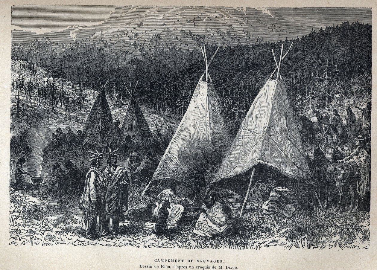 Discovered Canada: American Indian Camp with teepees. Drawing by Riou from a sketch by Dixon. Engraving from the end of the 19th century in “La nouvelle France” by Eugene Guenin. av French School