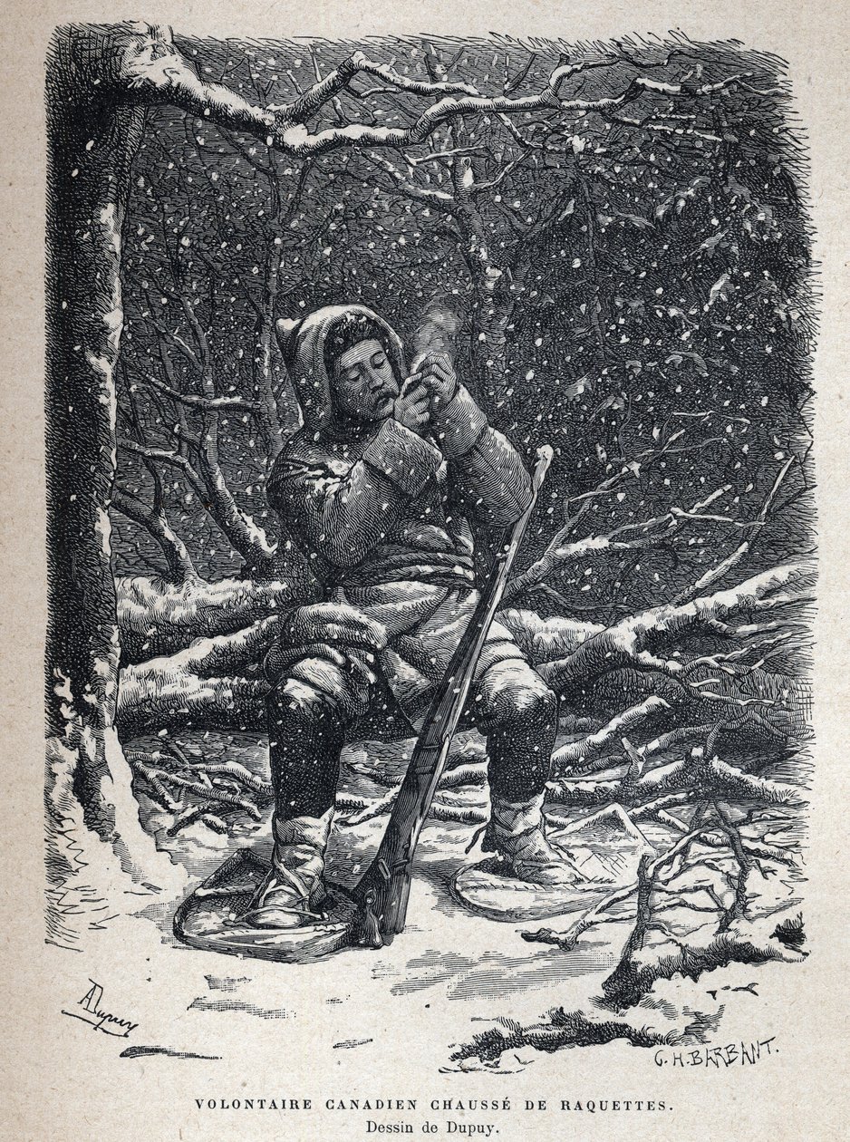 Discovered Canada: Canadian army volunteer snowshoe shoes. Drawing by Dupuy. Engraving from the end of the 19th century in “La nouvelle France” by Eugene Guenin. av French School