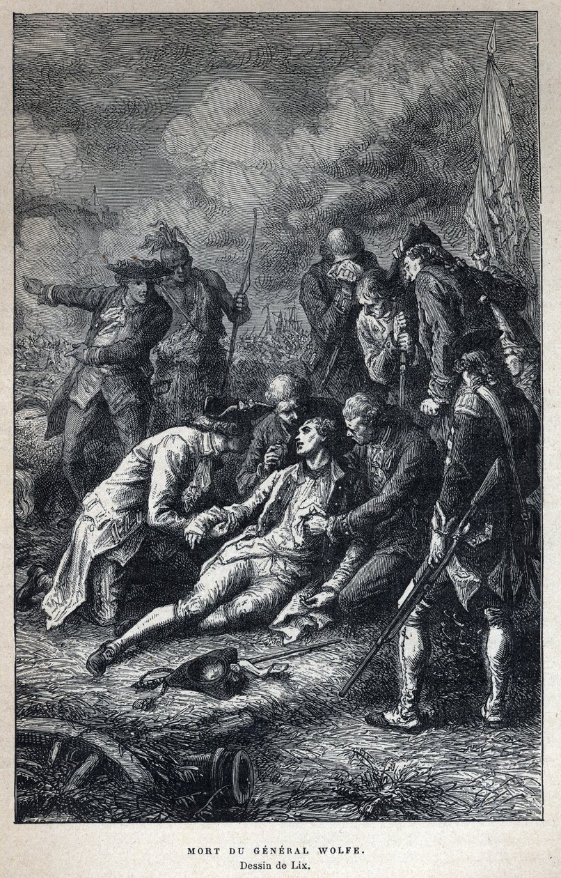 Oppdaget Canada: Death of General James Wolfe (1727-1759) britisk militær i slaget ved Quebec 13. september av French School