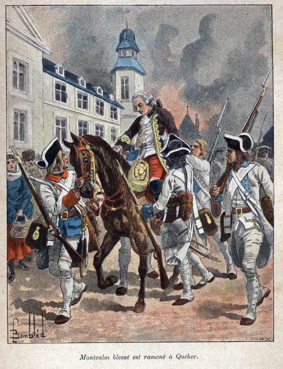 Discovered Canada: Louis Joseph de Montcalm (1712-1759) general francais injured during the siege of the city of Quabec by the English and brought back to Quebec in 1759. Engraving from the end of the 19th century in “La nouvelle France” by Eugene Guenin. av French School