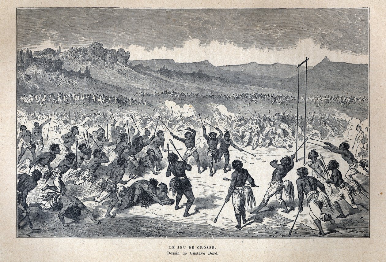 Oppdaget Canada: Sport. American Indian lacrosse-spillet. Tegning av Gustave Dore. Gravering fra slutten av 1800-tallet i «La nouvelle France» av Eugene Guenin. av French School