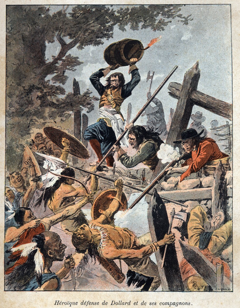 Oppdaget Canada: forsvar av Adam Dollard des Ormeaux (1635-1660) og hans følgesvenner mot indianerne i Iroquois America for å beskytte deres leir i 1657. Gravering fra slutten av 1800-tallet i «La nouvelle France» av Eugene Guenin. av French School