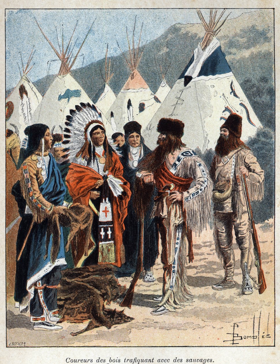 Discovered Canada: the coureurs de bois, involved in the fur trade with the Indians of America, trading animal skins in the 17th century. Engraving from the end of the 19th century in “La nouvelle France” by Eugene Guenin. av French School