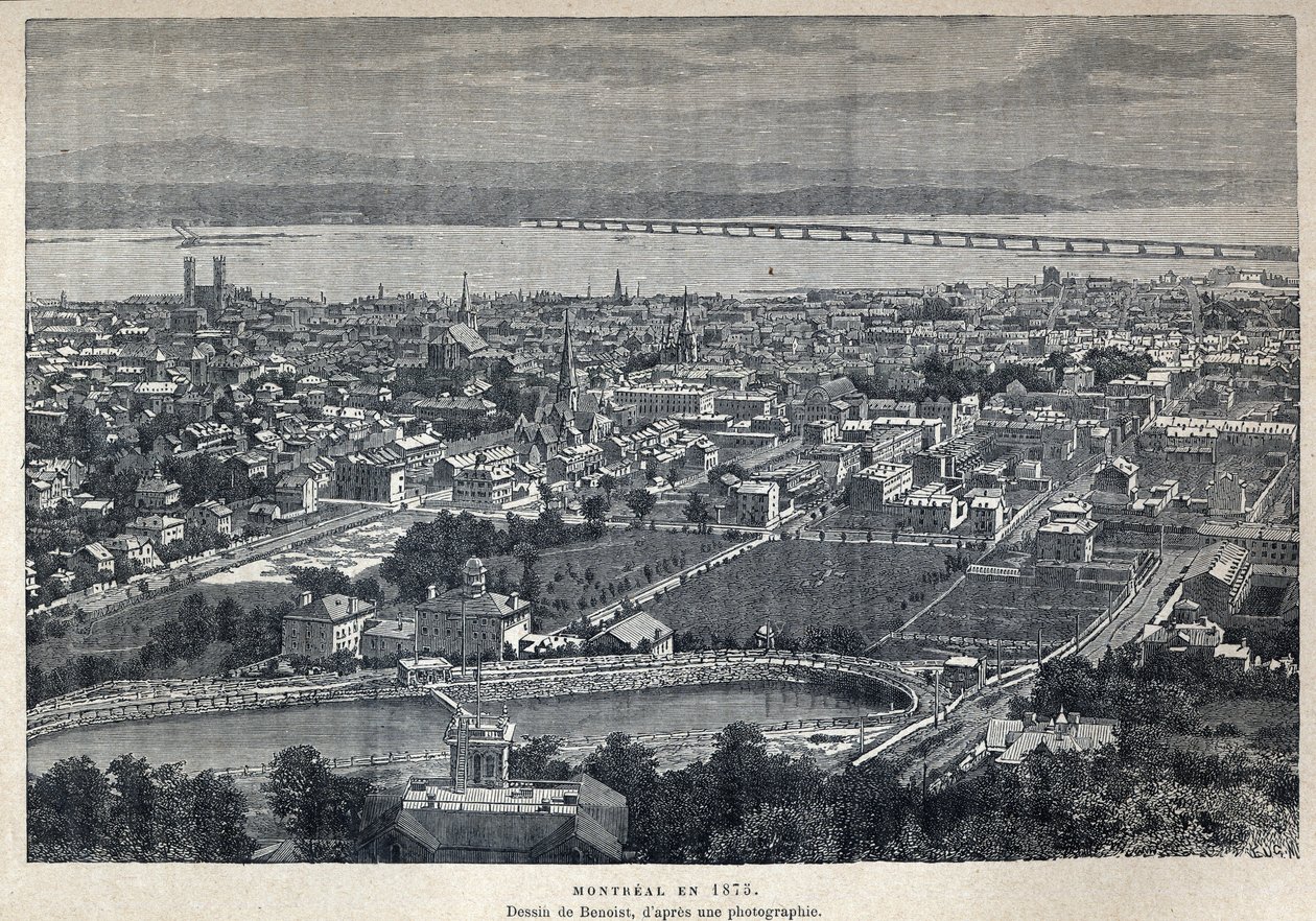 Oppdaget Canada: utsikt over byen Montreal i 1875. Tegning av Benoist etter fotografi. Gravering fra slutten av 1800-tallet i «La nouvelle France» av Eugene Guenin. av French School
