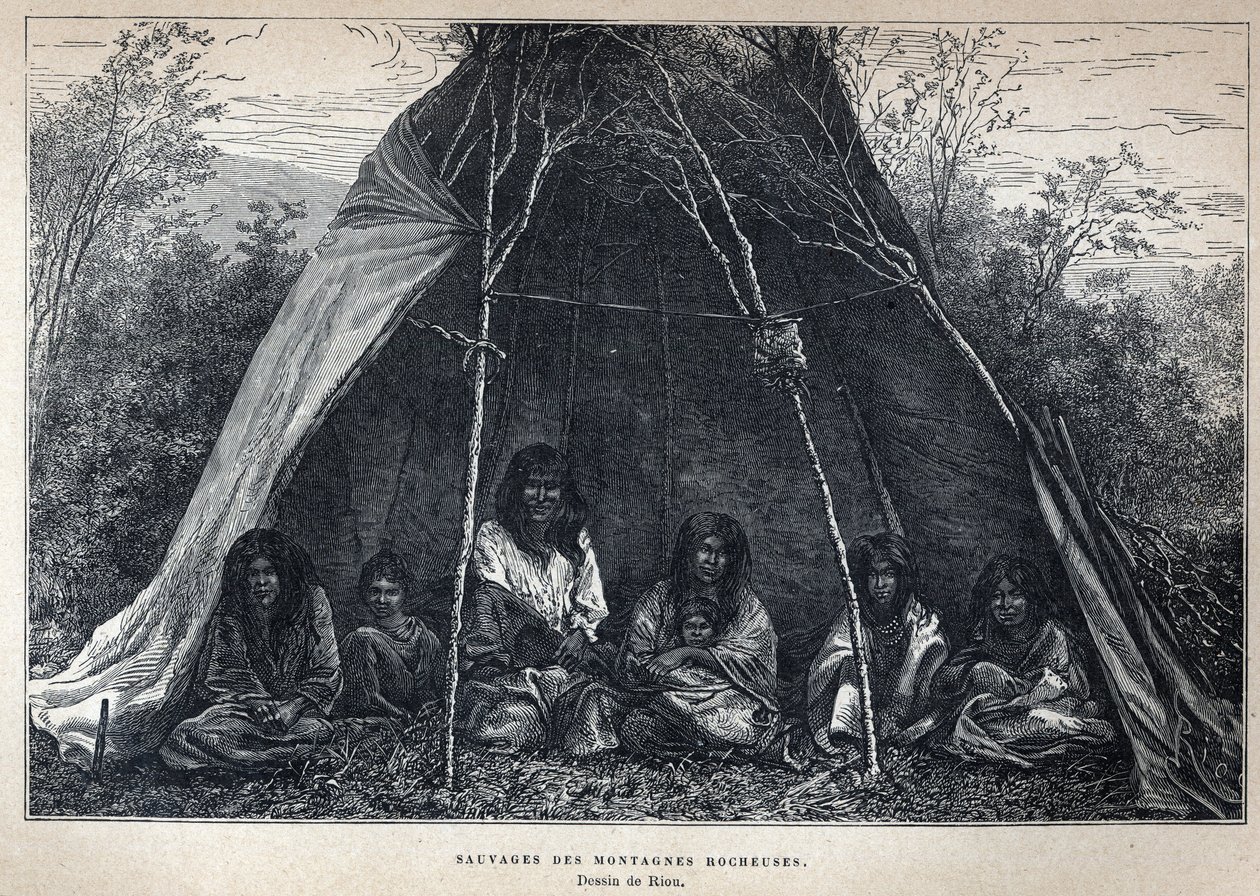 Discovered from Canada: American Indians living in the Rockies. Engraving from the end of the 19th century in “La nouvelle France” by Eugene Guenin. av French School