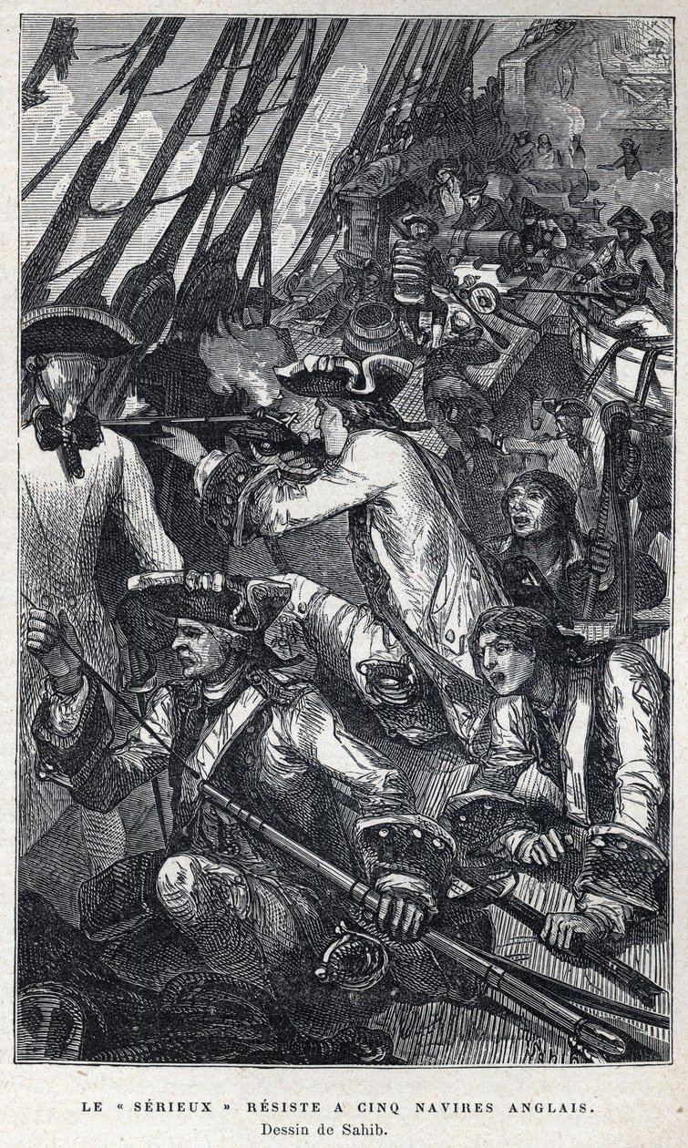 Discovered from Canada: Jacques Pierre de Taffanel de la Jonquiere (1685-1752) French naval officer at the head of the French ship “” Le serieux”” resisted five English ships. Drawing by Sahib. Engraving from the end of the 19th century in “La nouvelle Fra av French School