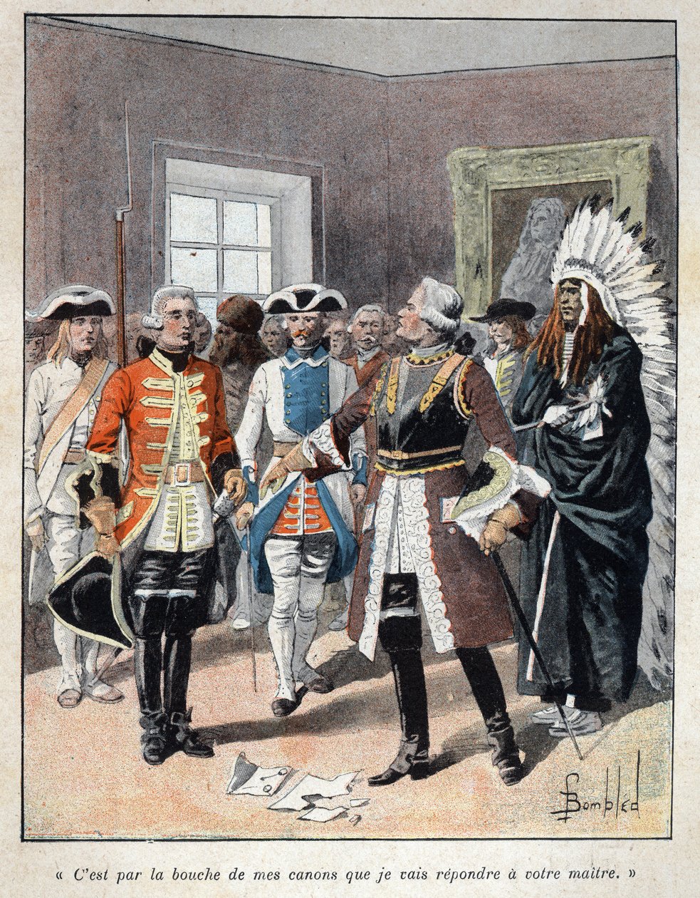Discovered from Canada: Louis de Buade, Count of Frontenac (1622-1698) receiving the emissary of the English governor of the colony of Massachusetts (1651-1695) William Phips and answered him “” It is by the mouth of my guns that I will answer your master” av French School