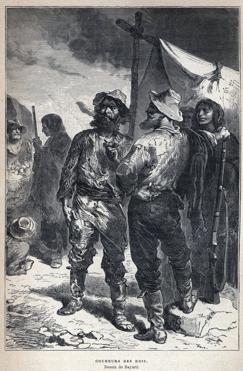 Discovered from Canada: coureur des bois (involved in the fur trade with the Amerindians). Bayard drawing. Engraving from the end of the 19th century in “La nouvelle France” by Eugene Guenin. av French School