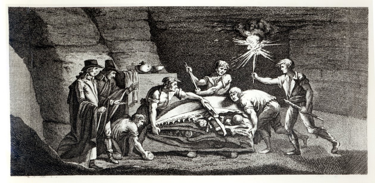 Oppdage beinene til et forhistorisk dyr, illustrasjon fra Histoire naturelle de la Montagne Saint-Pierre de Maastricht av Barthelemy Faujas de Saint Fond (1743-1819) 1799 av French School