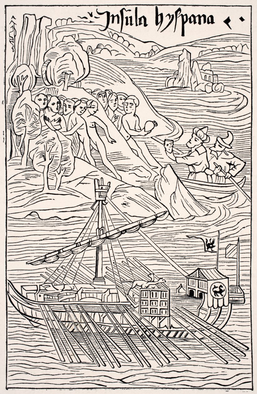 Oppdagelsen av Santo Domingo, Insula Hyspana, av Christopher Columbus, faksimile av en tregravering av Epistola Christoferi Colom, fra Science and Literature in The Middle Ages av Paul Lacroix pub. London 1878 av French School