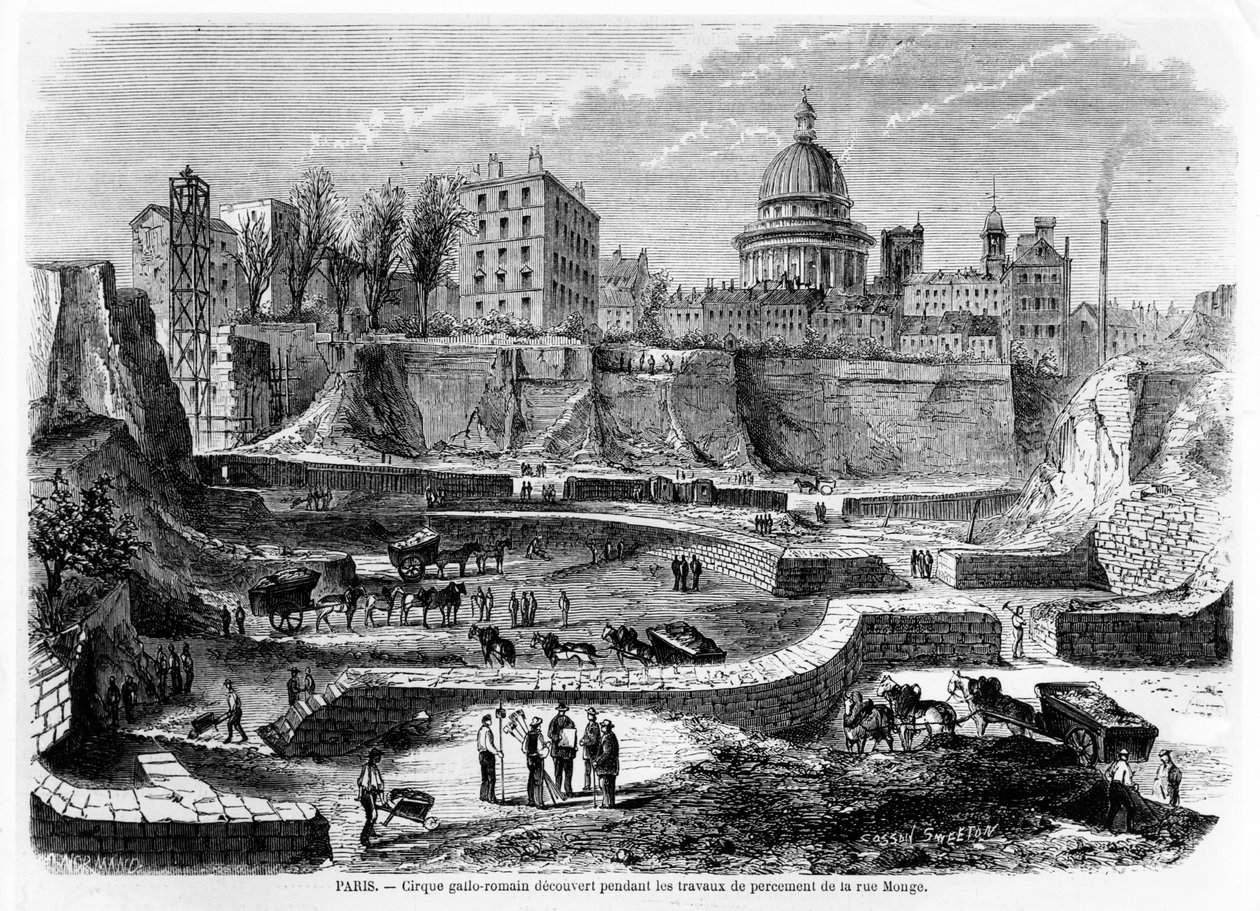 Oppdagelsen av det gallo-romerske amfiteateret i Paris under byggearbeidene på rue Monge i 1869, 1870 av French School