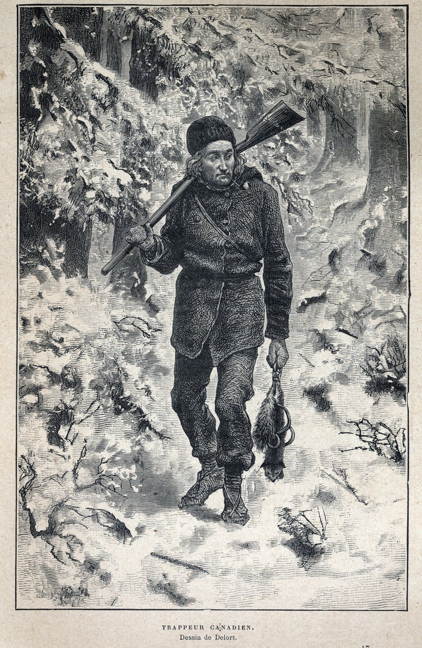 Disouverte du Canada: portrett av en kanadisk fangstmann i skogen. Gravering fra slutten av 1800-tallet i «La nouvelle France» av Eugene Guenin. av French School