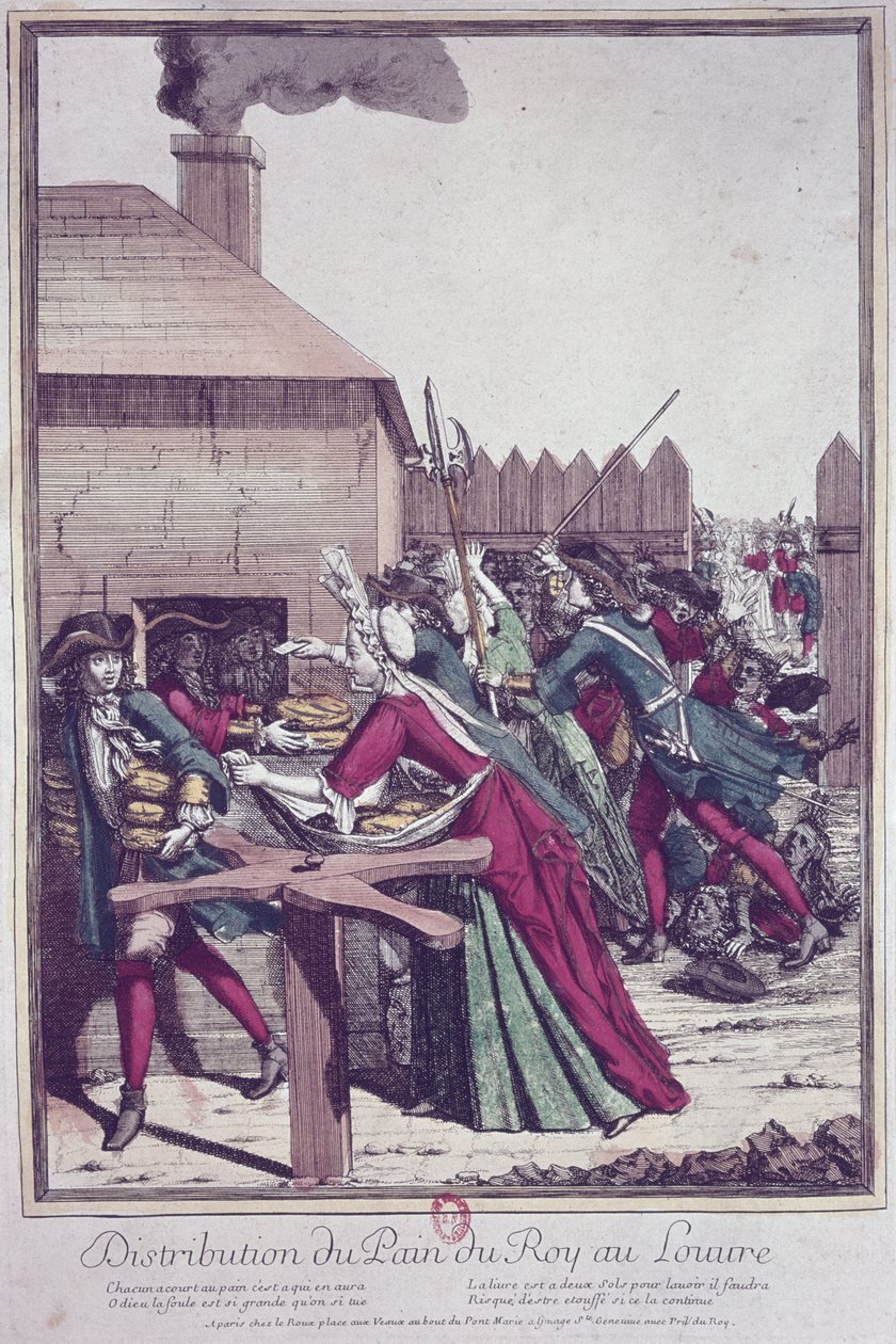 Utdeling av Pain du Roi (Kings Bread) ved Louvre i en tid med hungersnød (fargegravering) av French School