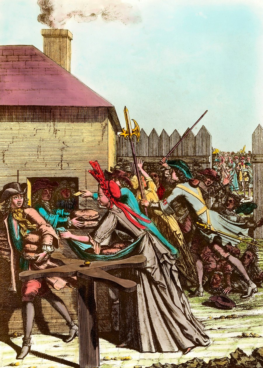 Utdeling av kongens brød i Louvre i 1709 etter den store vinteren, som førte til at kornprisene steg og stor hungersnød. Gravering fra slutten av 1700-tallet. Privat samling av French School