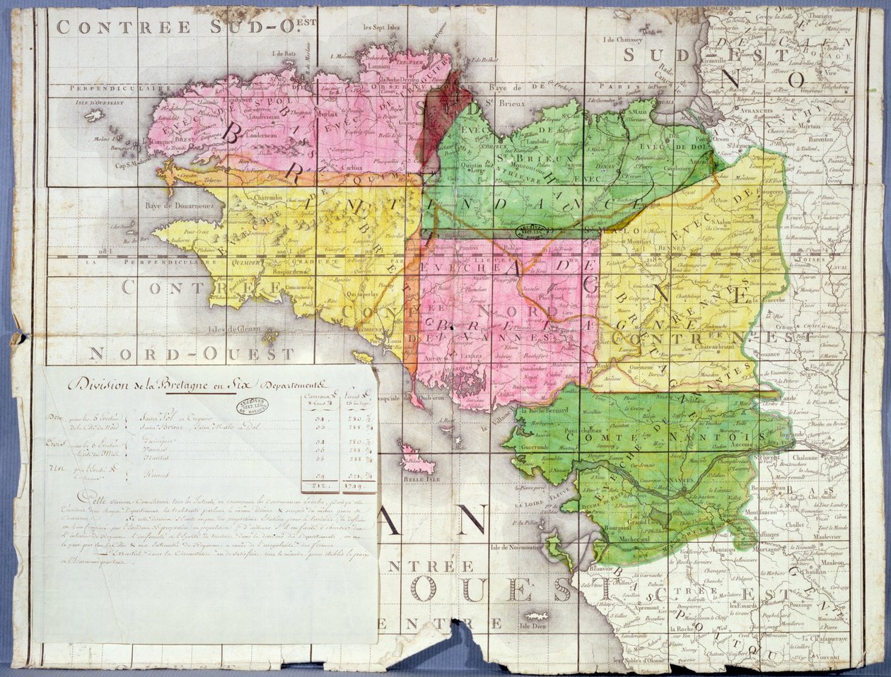 Inndeling av Bretagne i seks avdelinger, ca. 1789-90 (farge litho) av French School