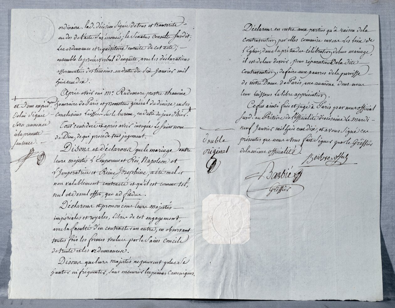 Skilsmisseerklæring fra keiser Napoleon Bonaparte (1769-1821) og keiserinne Josephine (1763-1814) 9. januar 1810 av French School