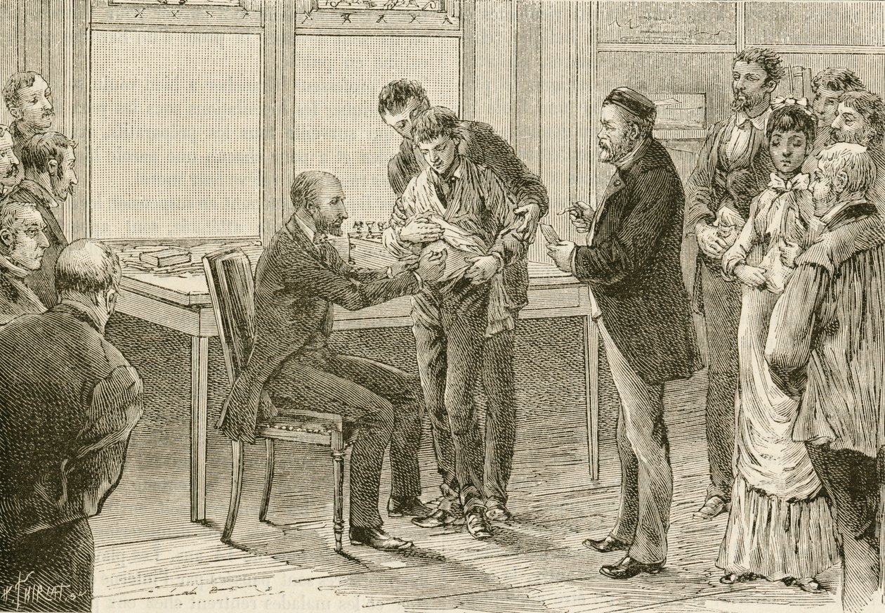 Doktor Pasteur undersøker gutt smittet med rabies. 1800-tallet (gravering) av French School