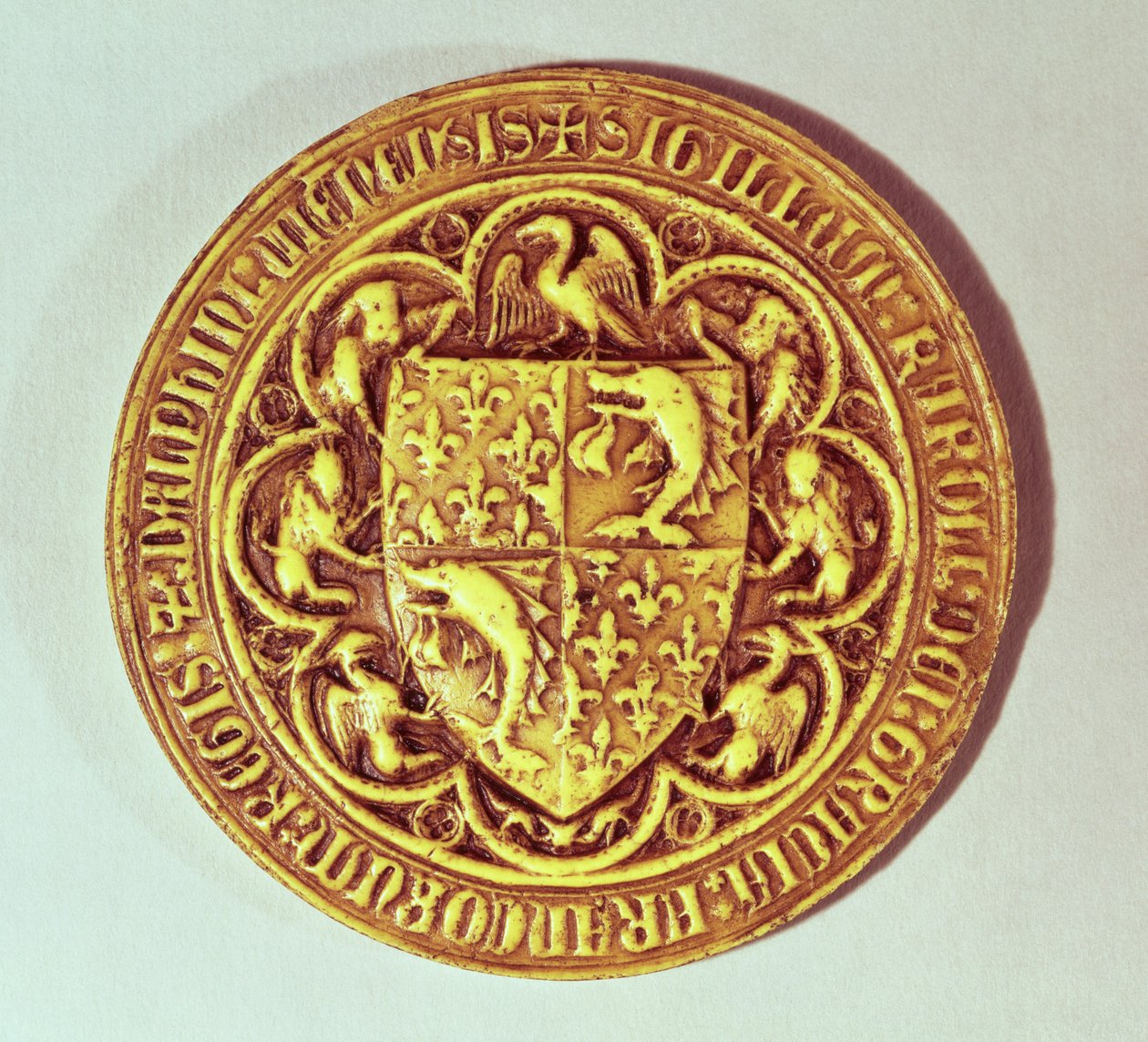 Delfinsel, Frankrikes skjold, med delfiner og fleur-de-lys, 1376 av French School