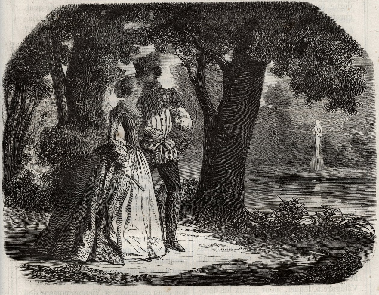 Don Juan discussed with Anne of Austria (1549-1580) his possible union with Prince Don Carlos (1545-1568), son of King Philip II of Spain (1527-1598). Engraving from 1871 in “Histoire Des Cocus Celebres”” by Henry de Kock (1819-1892). av French School