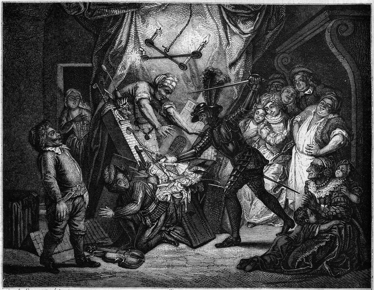 Don Quixote fights the puppets he thinks are Moors. Engraving by V. Beauce after the painting by Charles Antoine Coypel (1694 - 1752) illustrating the novel by Cervantes (1547-1616). In “” Le Magasin picturesque”” av French School
