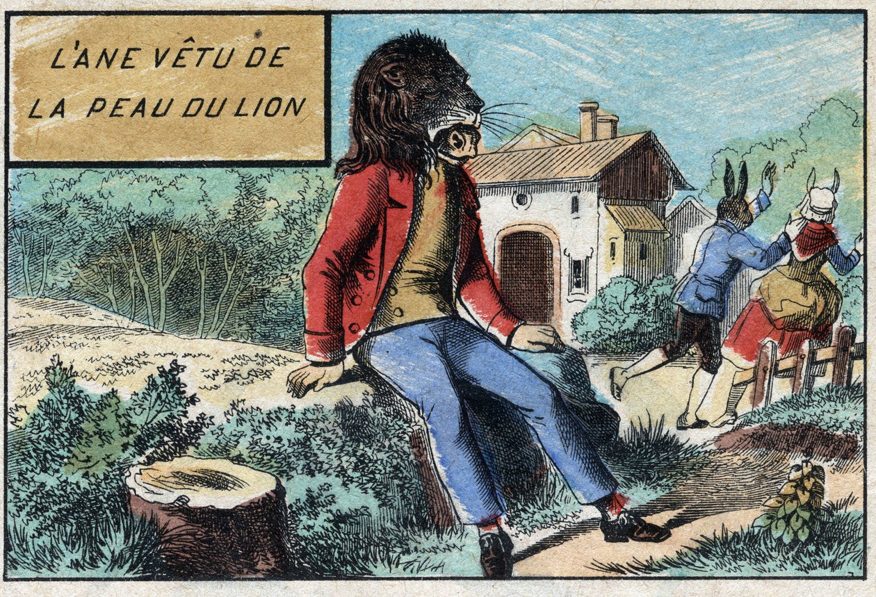 Esel iført løvens hud. Fabler av Jean de La Fontaine (1621-95). Avbildning av Epinal fra slutten av 1800-tallet. av French School
