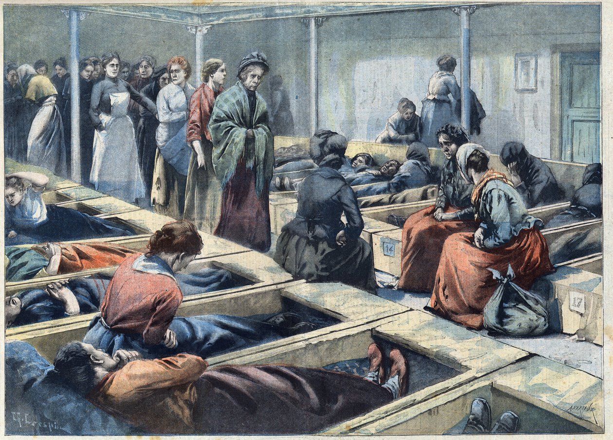 Dormitory of a night asylum in London, England considered a refuge for women, in "Le Petit Parisien” av French School