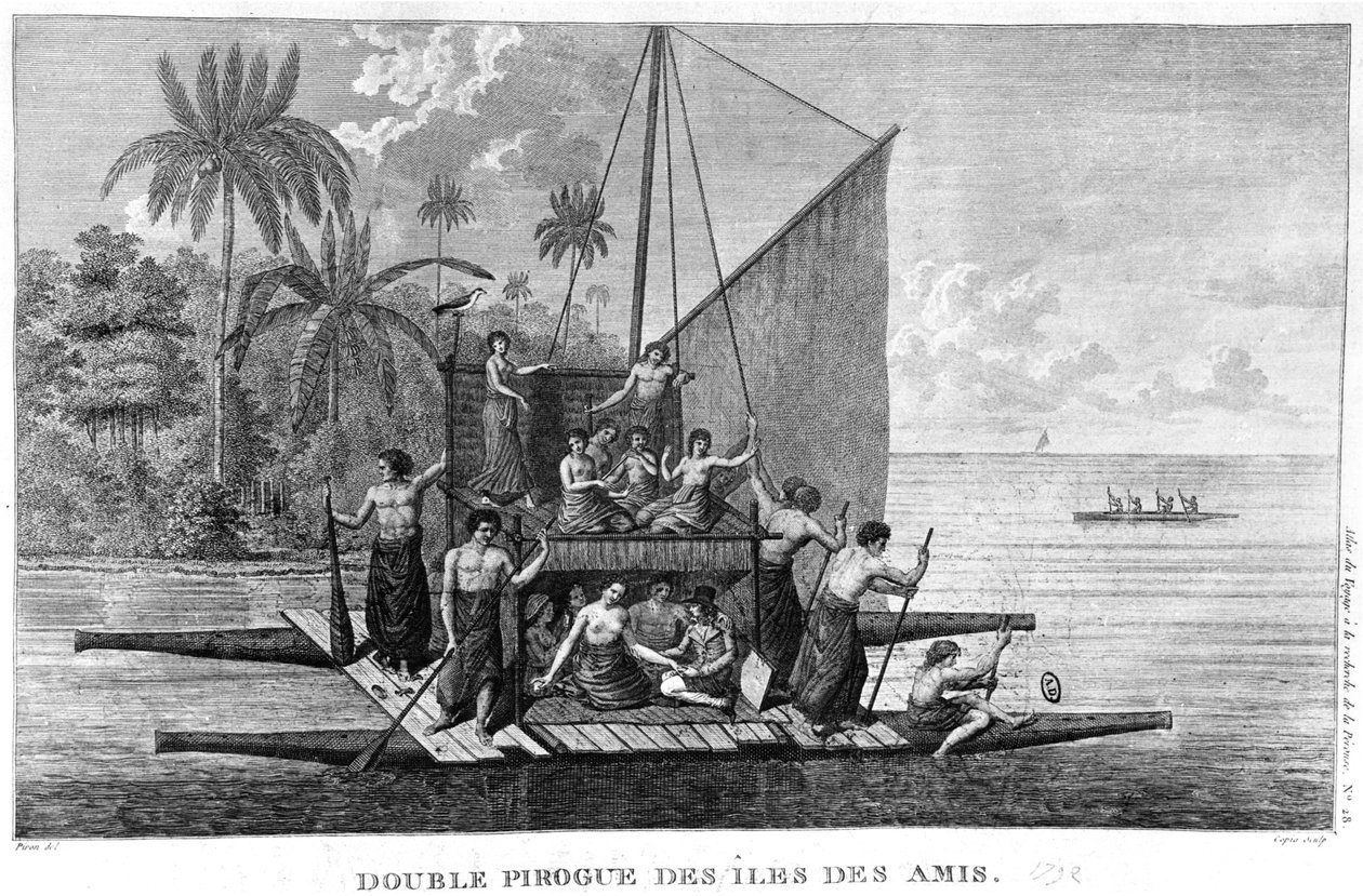 Double Pirogue of the Friendly Islands, illustrasjon fra Atlas du Voyage a la recherche de La Perouse, 1792 av French School