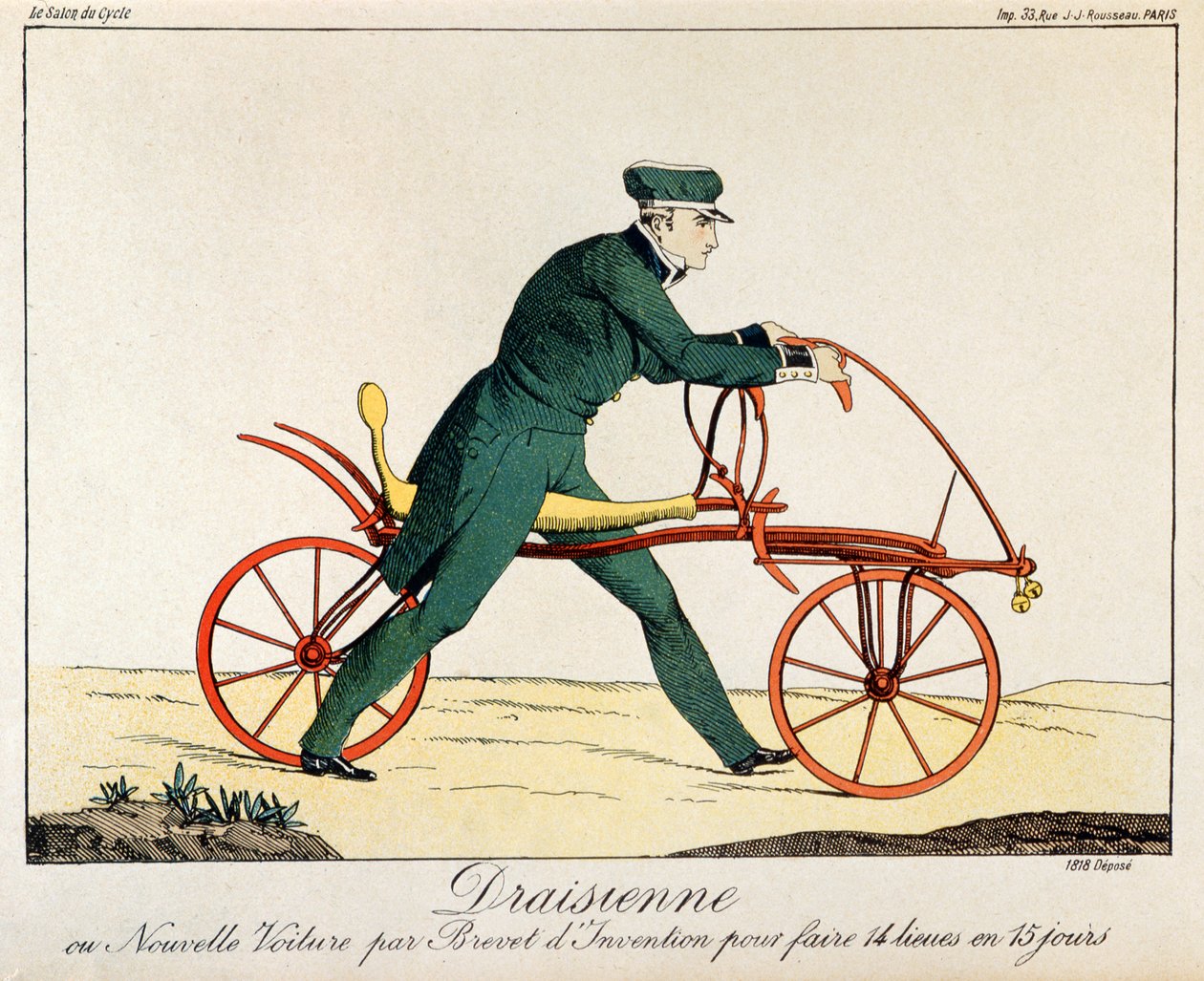 Draisienne, stamfar til sykkelen, 1820 (fargegravering) av French School