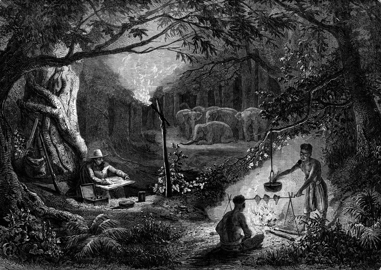 Drawing: a traveller drawing a scene of morals has the glow of a torch. Engraving in “” Le Journal de la jeunesse”” av French School