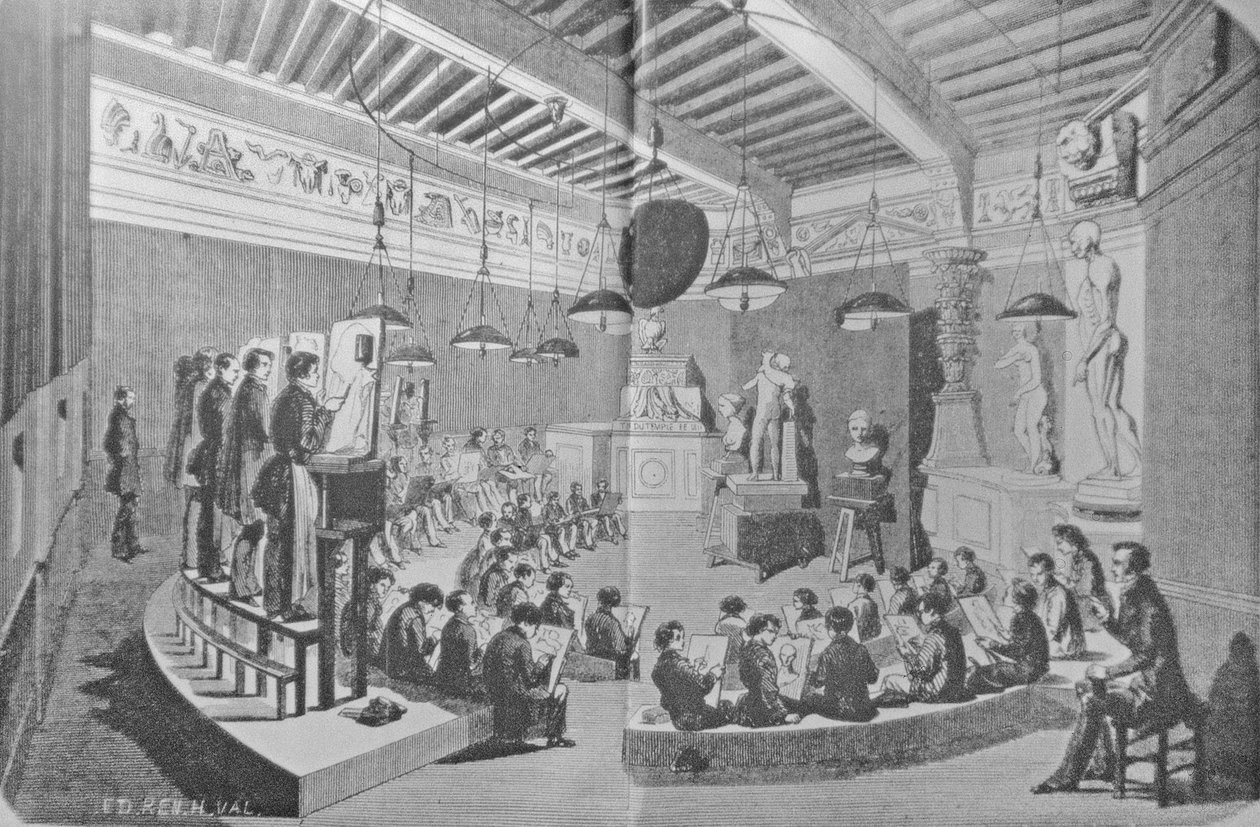 Tegneleksjon fra skulptur, Royal Free School of Art (litho) av French School