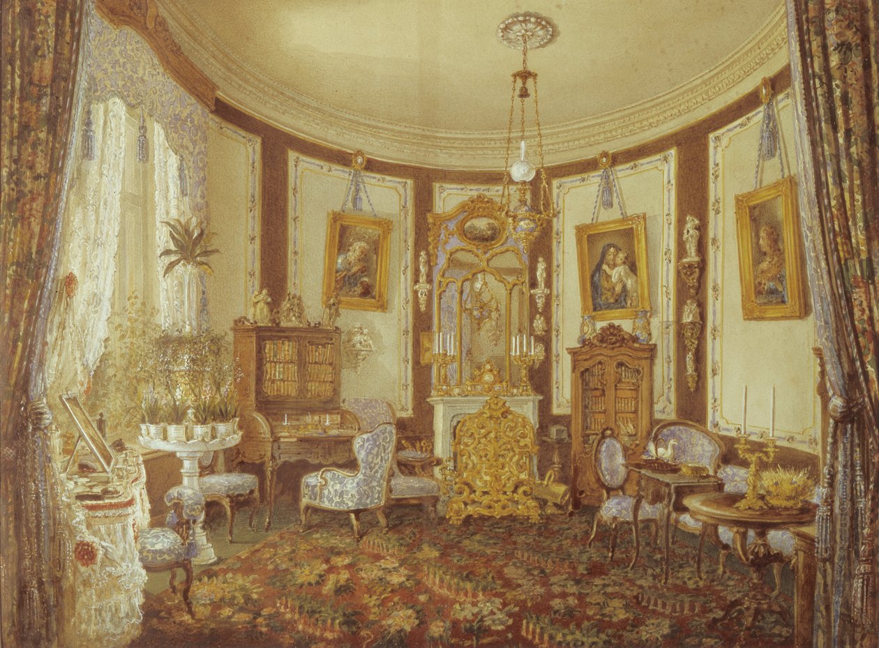 Salongen til Chateau de Sache (wc på papir) av French School