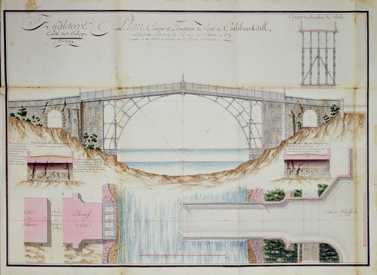 Tegninger og tverrsnitt av Iron Bridge konstruert i 1779 i Coalbrookdale, Shropshire, England, 1784 (penn, blekk og wc på papir) av French School