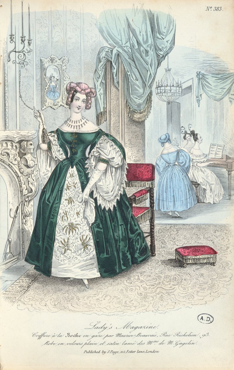 Kjole i vanlig fløyel og lam sateng, parisisk moteplate fra The Ladys Magazine, utgitt i London, 1831 av French School